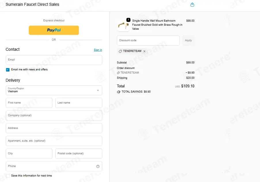 Sumerain Faucet Direct Sales coupon code: 10% off with TENERETEAM. Tested and valid as 1 week ago.