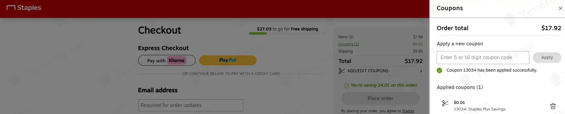 Staples coupon code: Sale off with 13034. Tested and valid as 1 year ago.