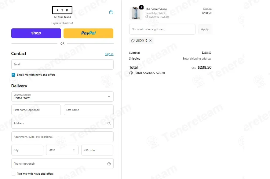 AYR coupon code: 10% off with LUCKY10. Tested and valid as 1 week ago.