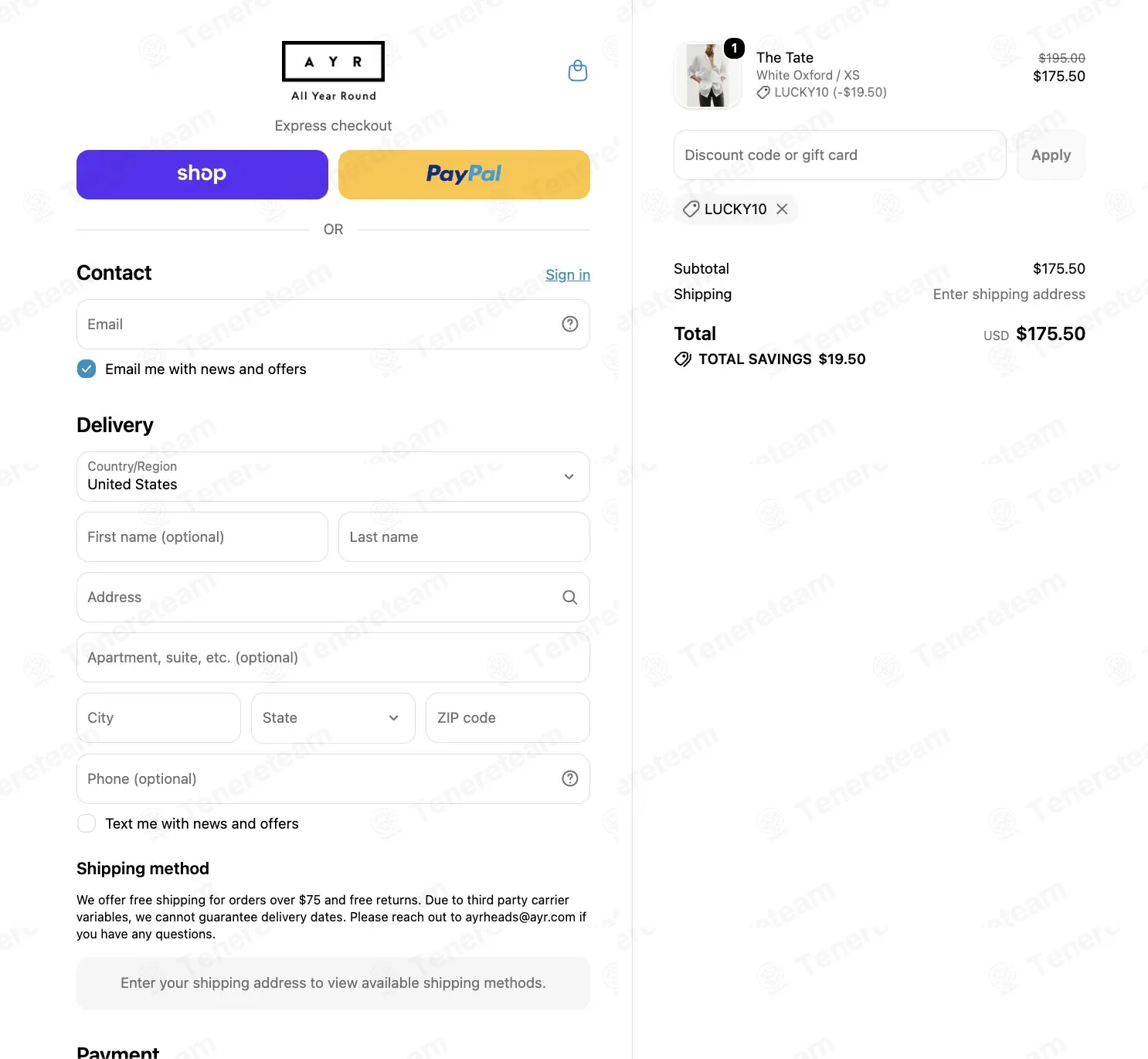 AYR coupon code: 10% off with LUCKY10. Tested and valid as 1 week ago.