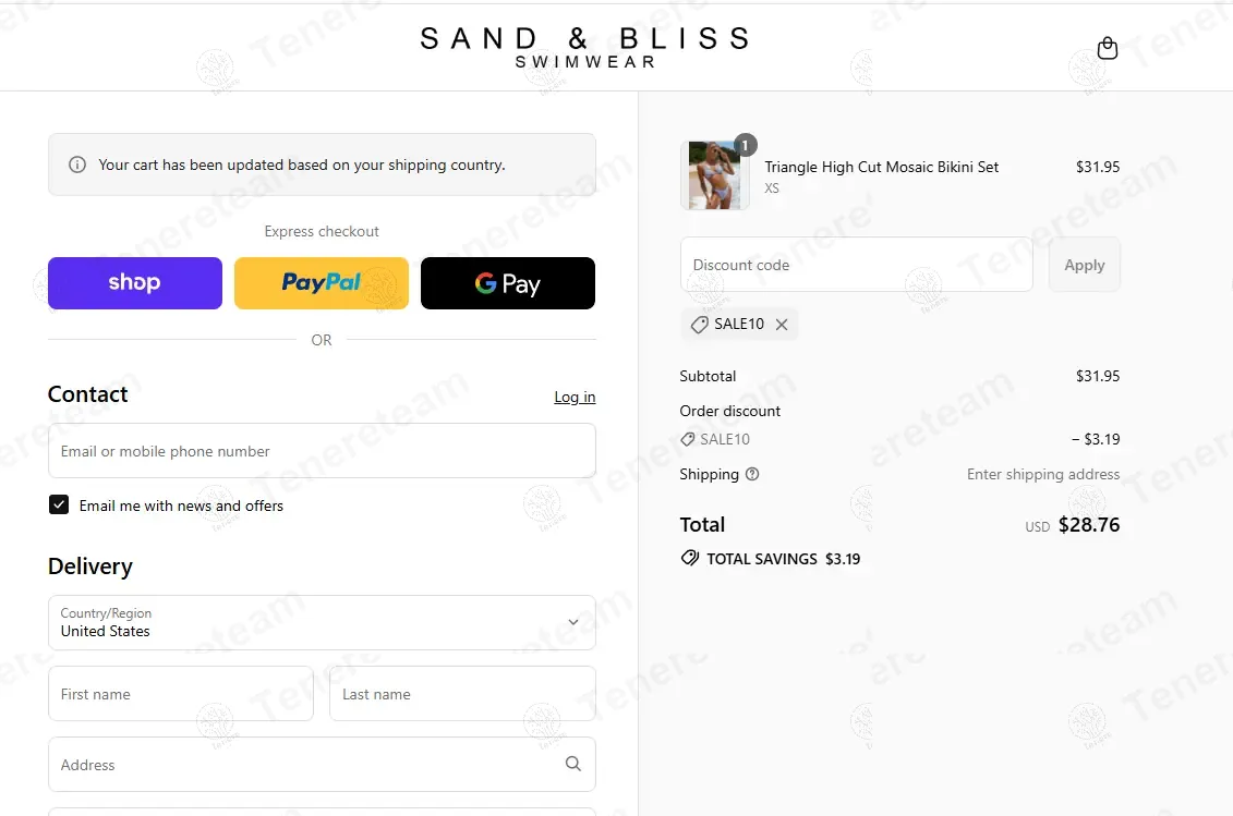 Sand & Bliss Swimwear coupon code: 10% off with SALE10. Tested and valid as 10 months ago.