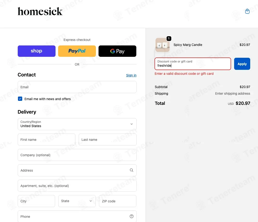 Homesick coupon code: Sale off with freshride. Tested and valid as 1 week ago.