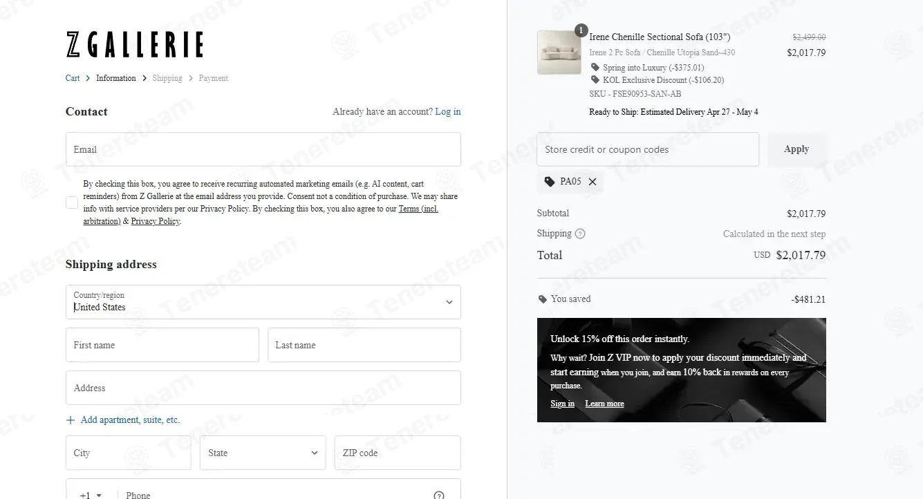 Z Gallerie coupon code: 5% off with PA05. Tested and valid as 1 month ago.