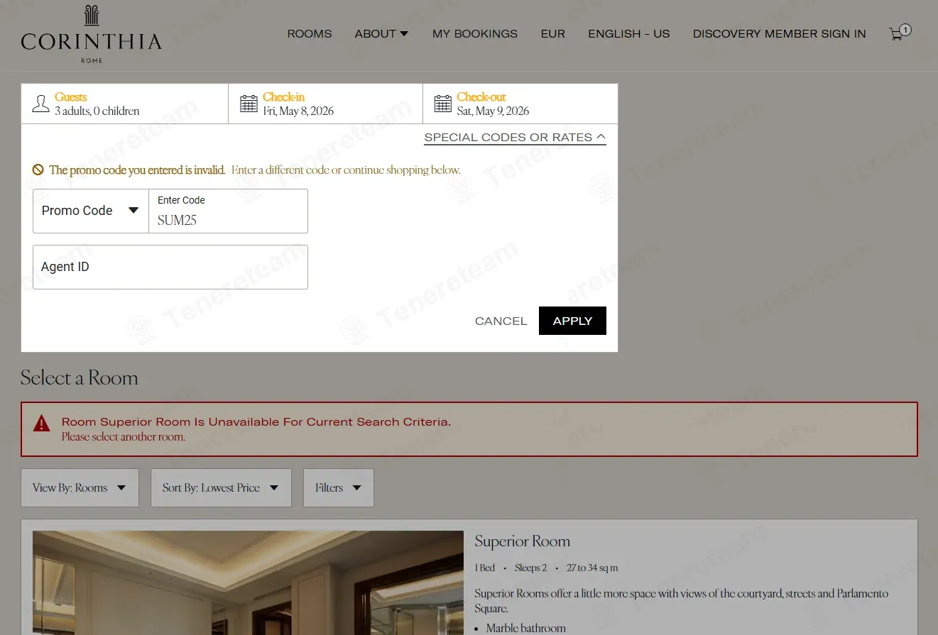 Corinthia Hotel coupon code: 25% off with SUM25. Tested and valid as 1 month ago.