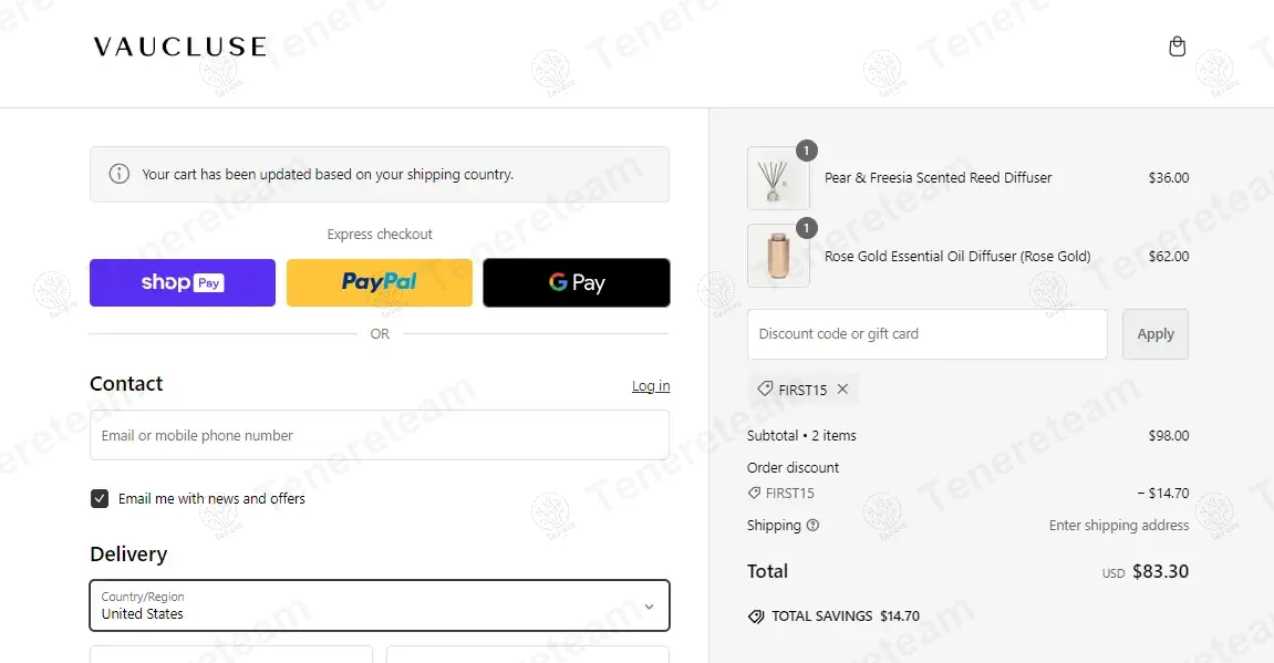Vaucluse Fragrance coupon code: 15% off with FIRST15. Tested and valid as 1 year ago.