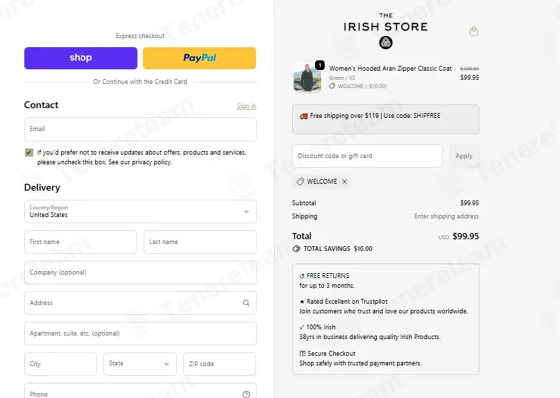 The Irish Store coupon code: $10 off with WELCOME. Tested and valid as 2 months ago.
