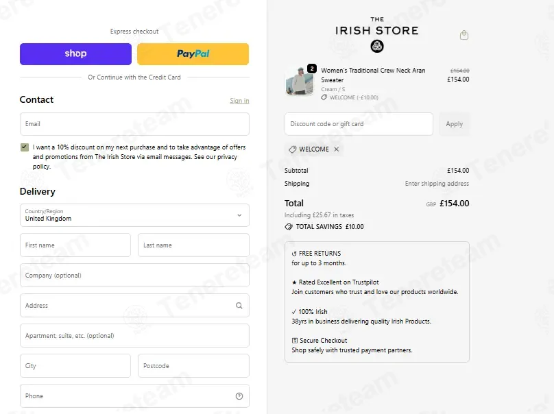 The Irish Store coupon code: $10 off with WELCOME. Tested and valid as 2 months ago.