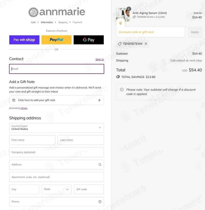 Annmarie Skin Care coupon code: 20% off with TENERETEAM. Tested and valid as 1 week ago.