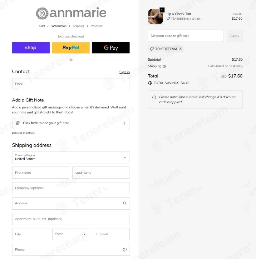 Annmarie Skin Care coupon code: 20% off with TENERETEAM. Tested and valid as 1 week ago.