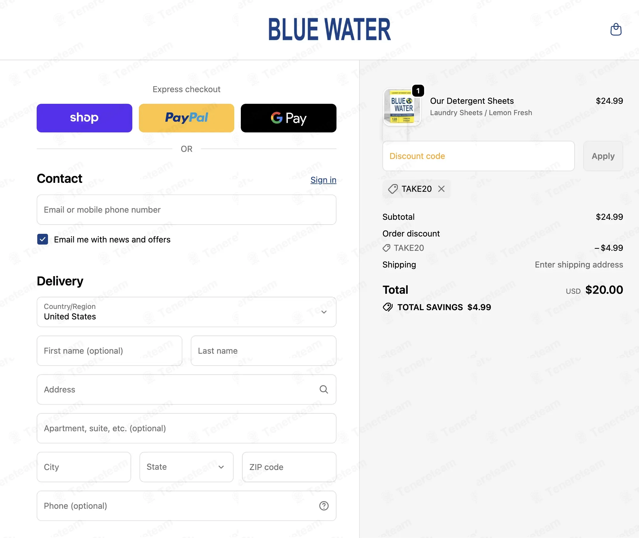 Blue Water coupon code: 20% off with TAKE20. Tested and valid as 7 months ago.