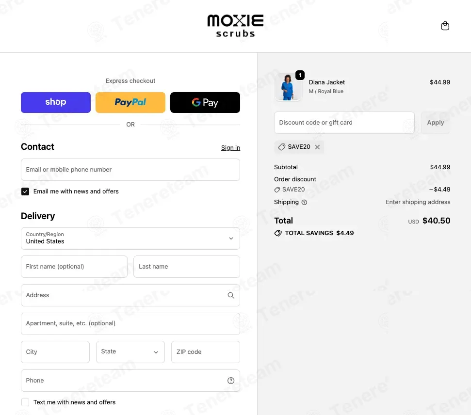 Moxie Scrubs coupon code: 10% off with SAVE20. Tested and valid as 1 week ago.