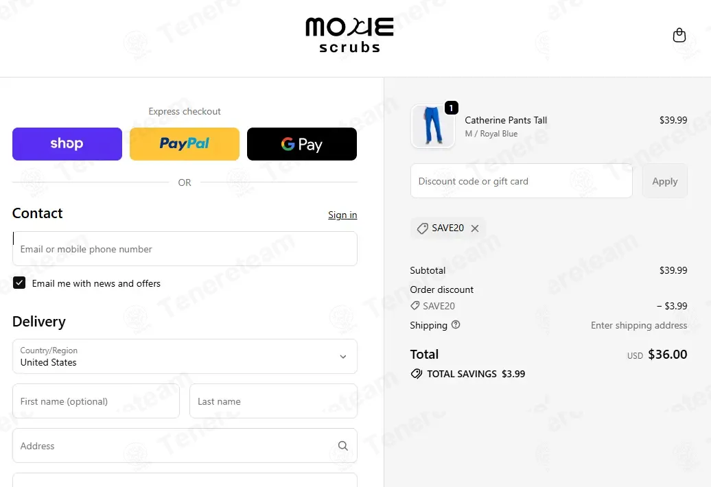 Moxie Scrubs coupon code: 10% off with SAVE20. Tested and valid as 1 week ago.
