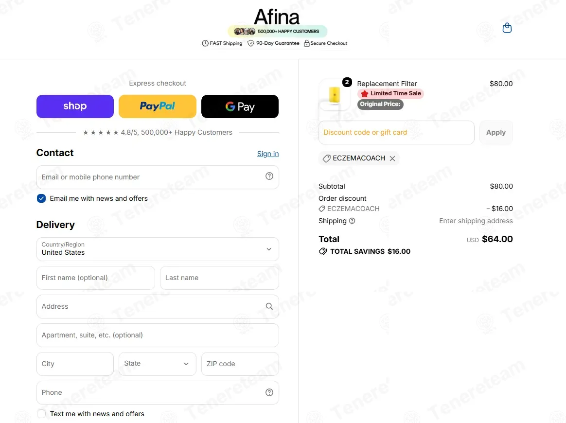 Afina coupon code verified as working at checkout