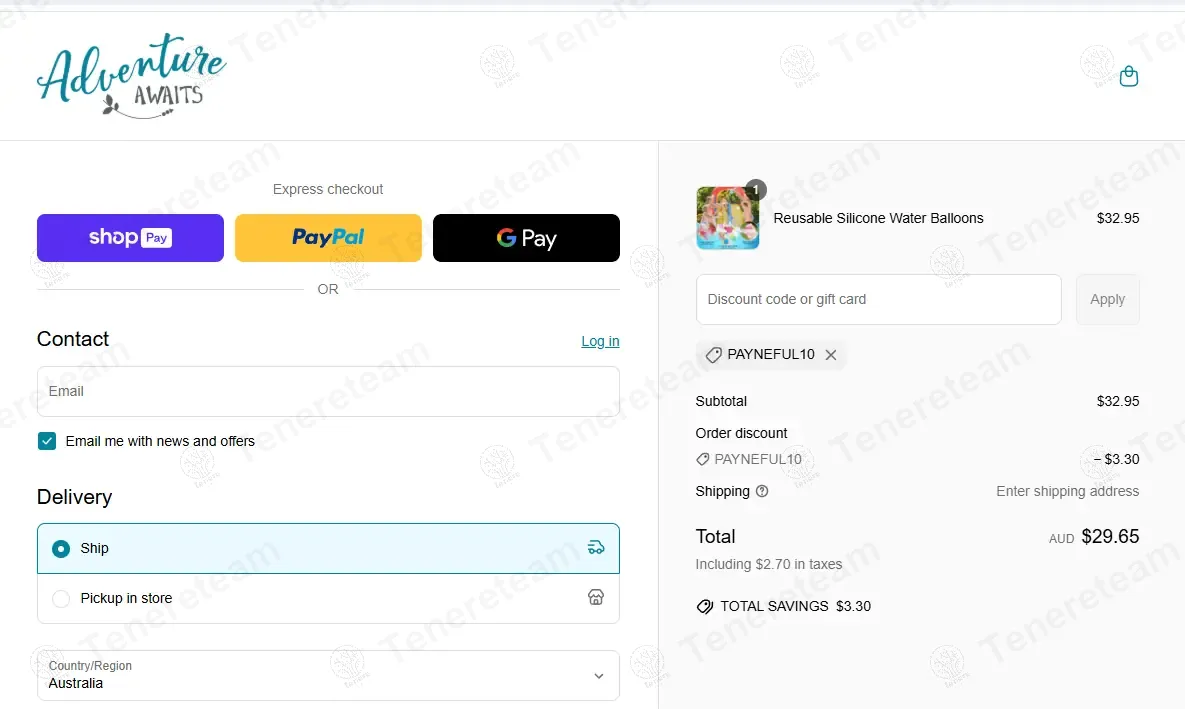 Adventure Awaits coupon code: 10% off with PAYNEFUL10. Tested and valid as 1 year ago.