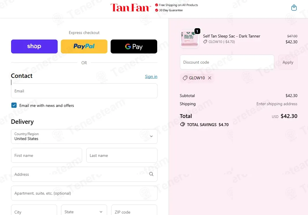 Tan Fan coupon code: 10% off with GLOW10. Tested and valid as 3 months ago.