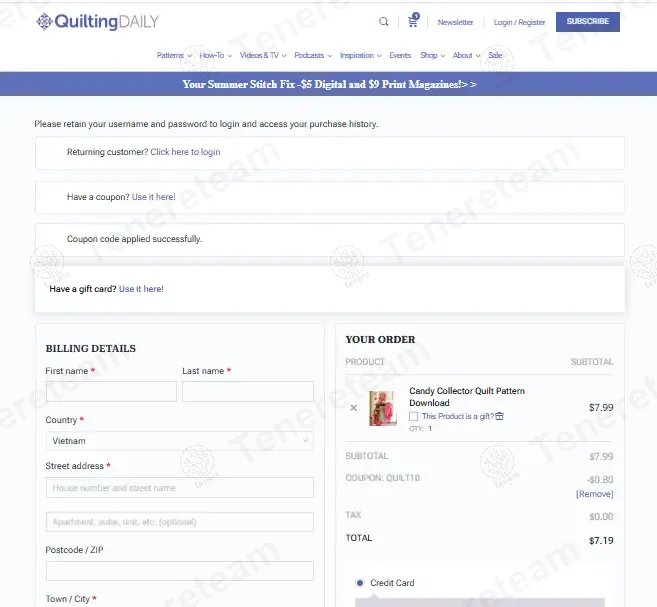 Quilting Daily coupon code: 10% off with QUILT10. Tested and valid as 9 months ago.
