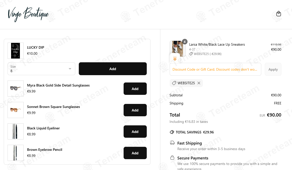 Virgo Boutique coupon code: 25% off with WEBSITE25. Tested and valid as 9 months ago.