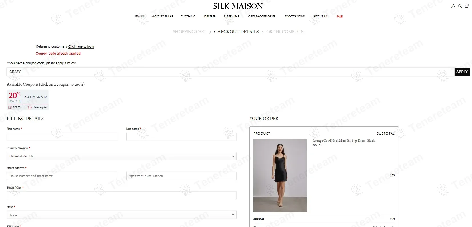 Silk Maison coupon code: 20% off with CRAZY. Tested and valid as 1 year ago.