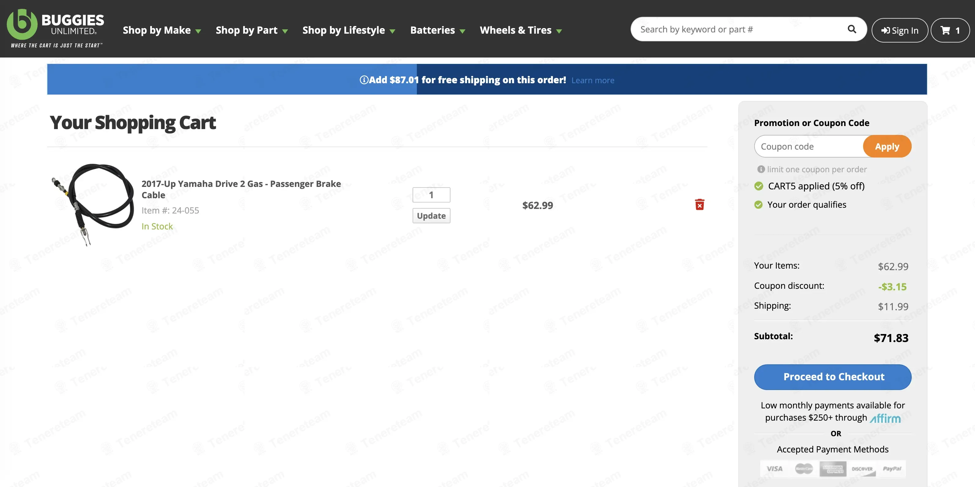 Buggies Unlimited coupon code: 5% off with CART5. Tested and valid as 8 months ago.