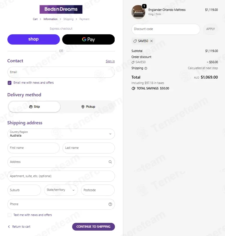 BedsNDreams AU coupon code verified as working at checkout