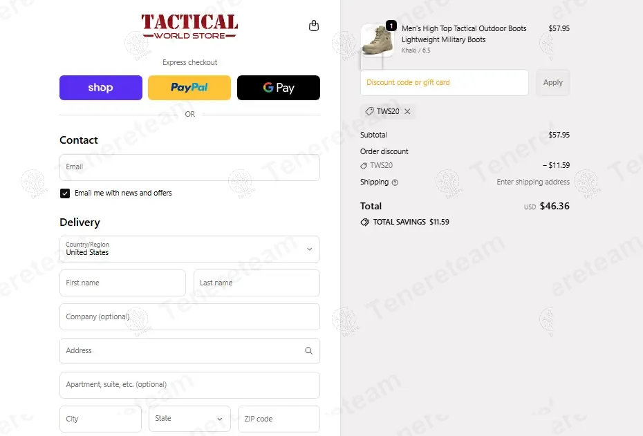 Tactical World Store coupon code: 20% off with TWS20. Tested and valid as 8 months ago.