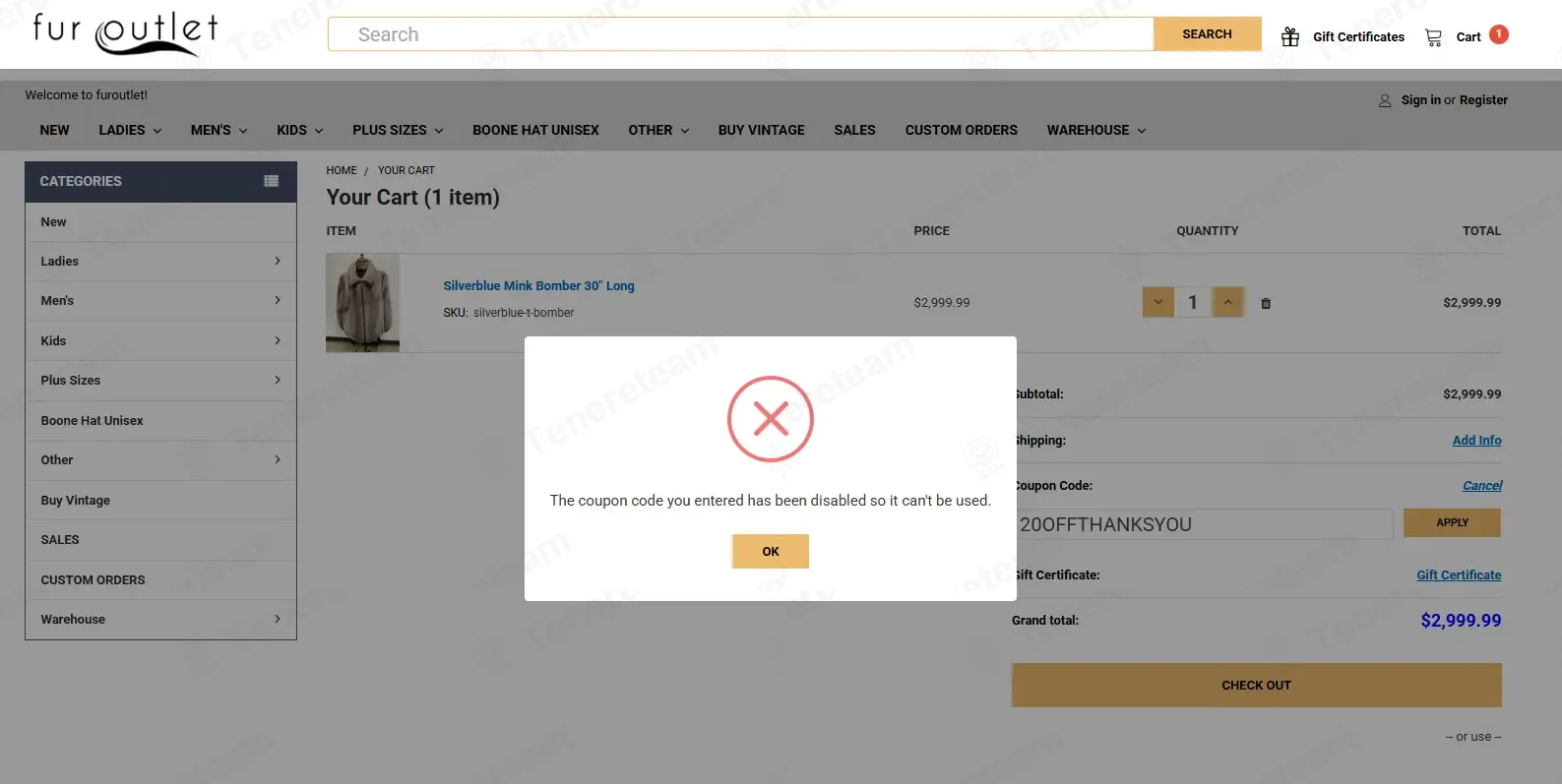 Fur Outlet coupon code: 20% off with 20OFFTHANKSYOU. Tested and valid as 2 months ago.