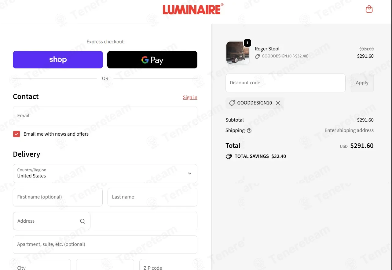 Luminaire coupon code: 10% off with GOODDESIGN10. Tested and valid as 8 months ago.