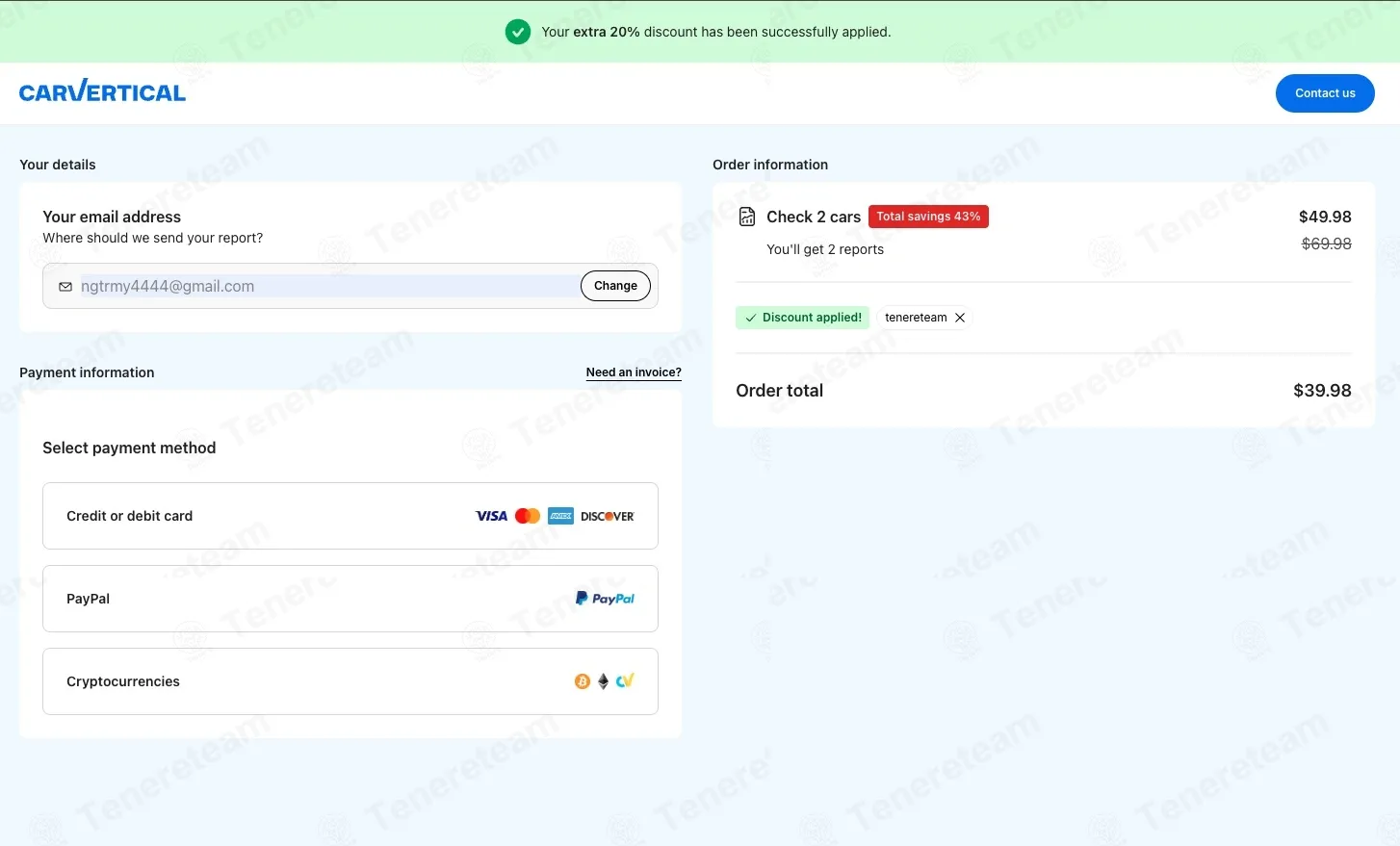 Carvertical coupon code: 20% off with tenereteam. Tested and valid as 3 months ago.