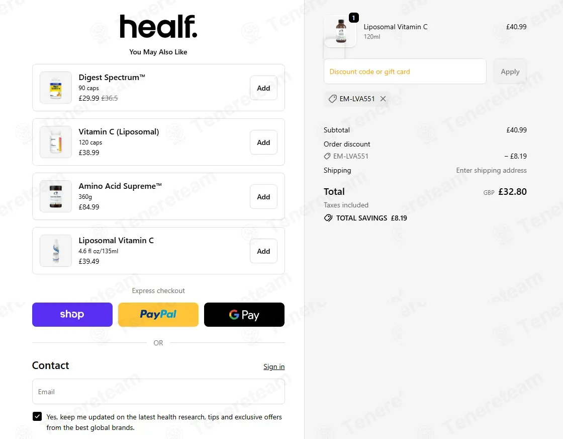 Healf coupon code: 20% off with EM-LVA551. Tested and valid as 1 week ago.