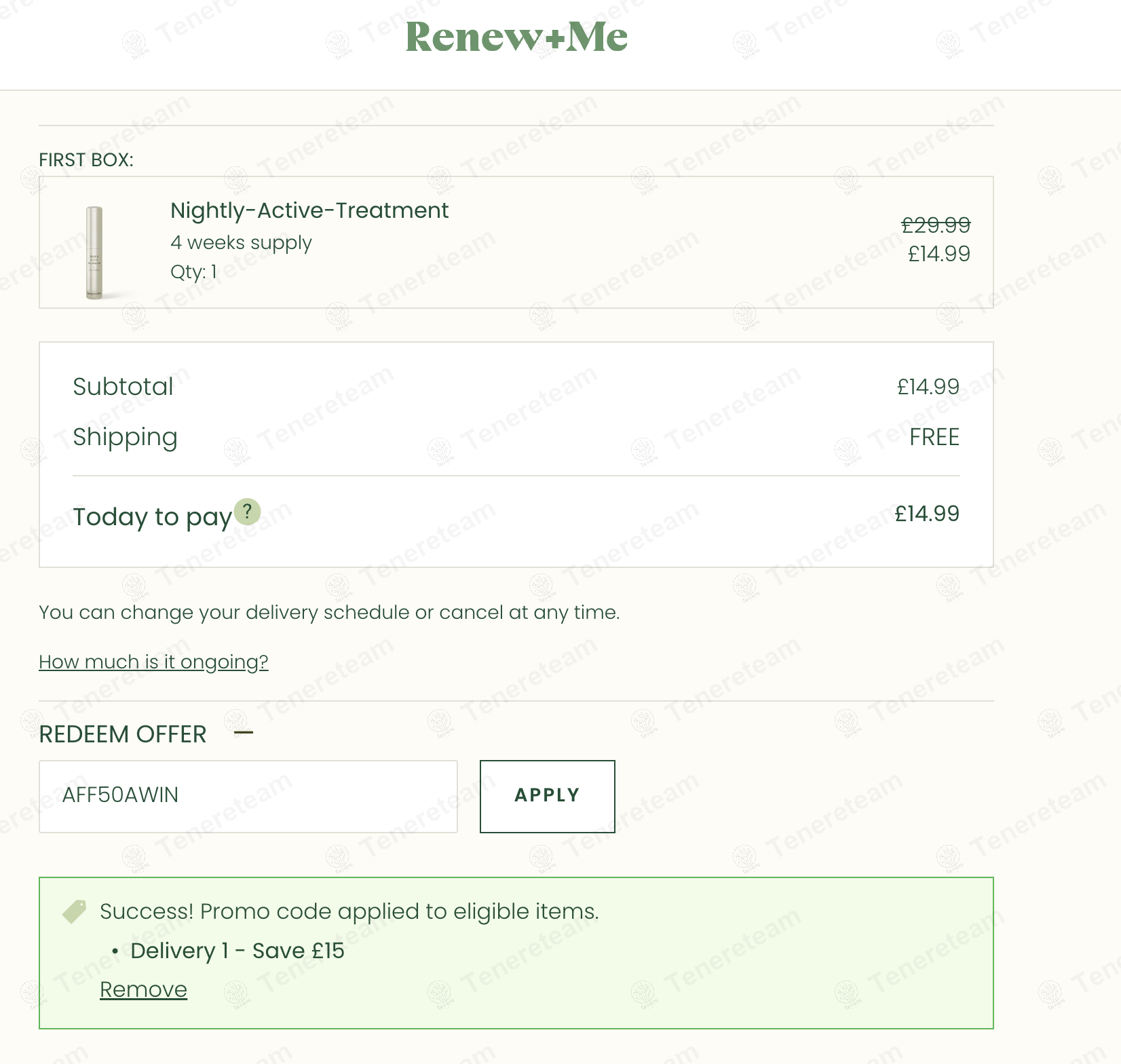 Renew and Me coupon code: $15 off with AFF50AWIN. Tested and valid as 1 year ago.