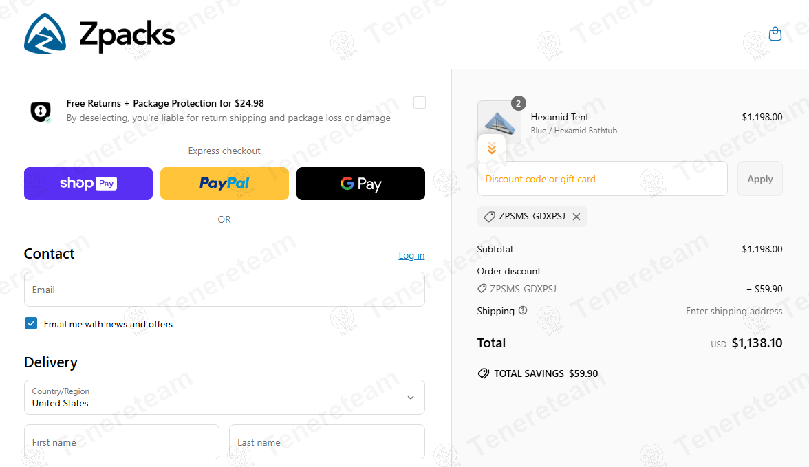 Zpacks coupon code: 5% off with ZPSMS-GDXPSJ. Tested and valid as 1 year ago.