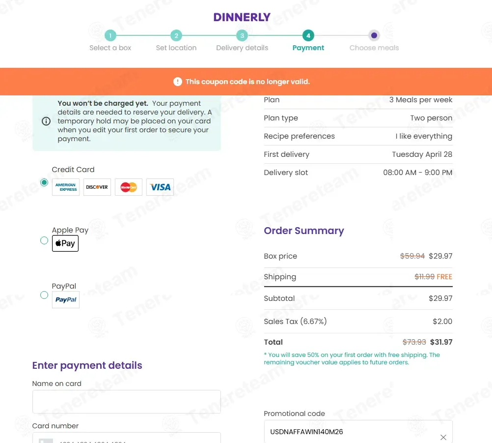 Dinnerly coupon code: 60% off with USDNAFFAWIN140M26. Tested and valid as 1 month ago.