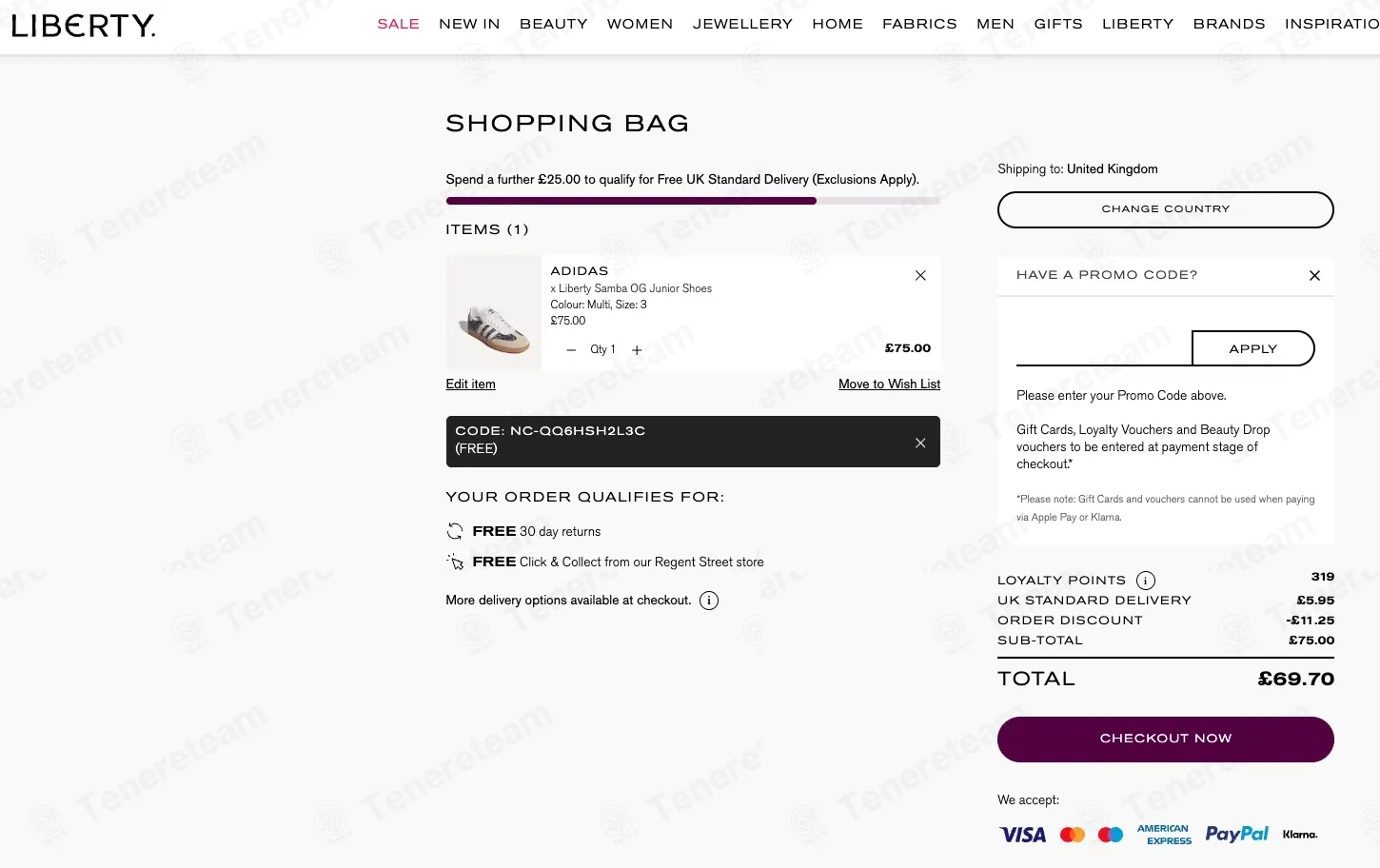 Liberty London coupon code: 15% off with NC-QQ6HSH2L3C. Tested and valid as 2 weeks ago.