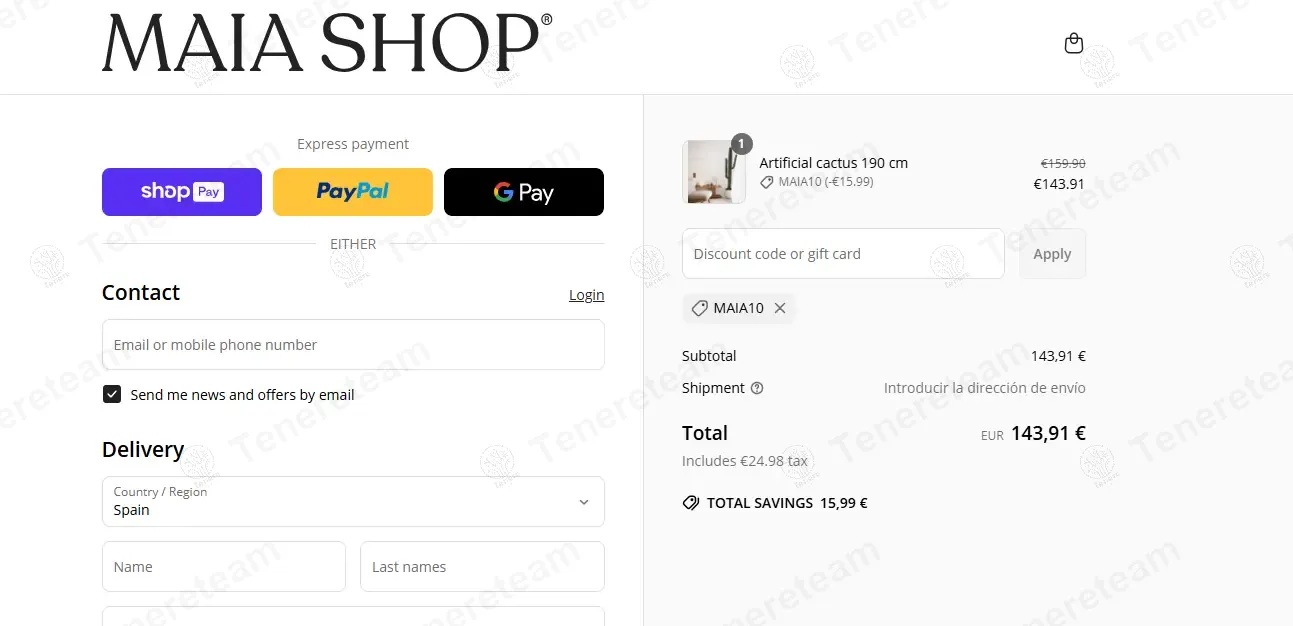 Maiashop ES coupon code: 10% off with MAIA10. Tested and valid as 11 months ago.