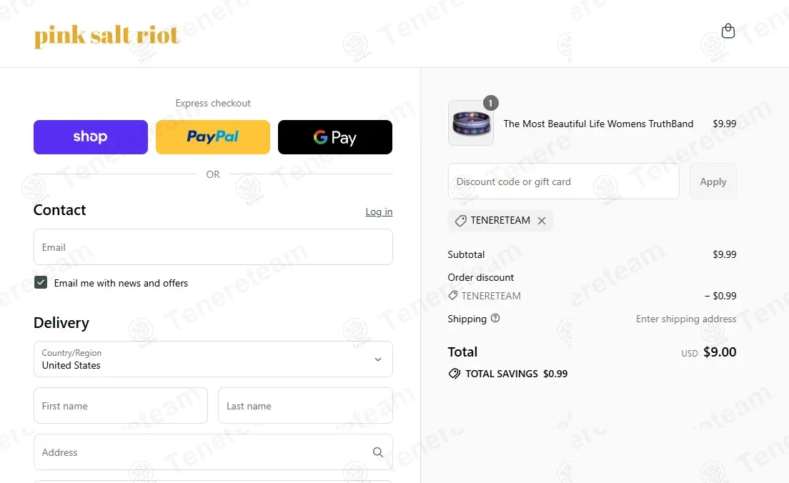 Pink Salt Riot coupon code: 10% off with TENERETEAM. Tested and valid as 8 months ago.