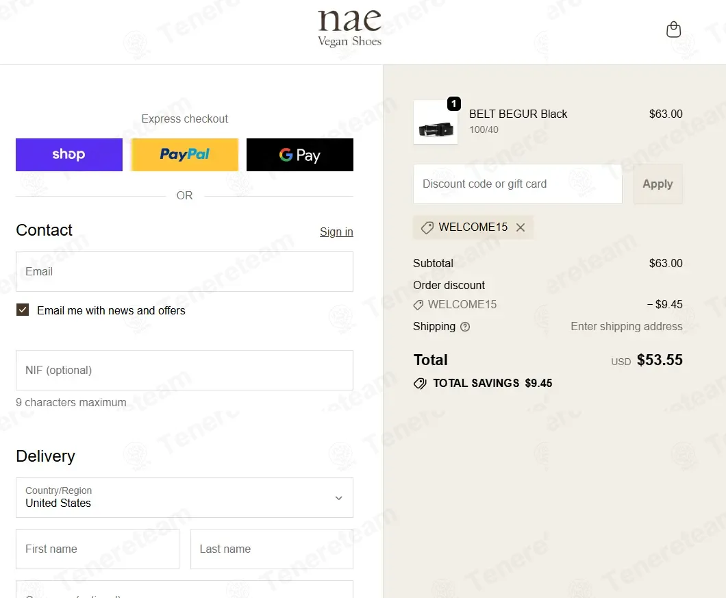 Nae Vegan Shoes coupon code: 15% off with WELCOME15. Tested and valid as 1 month ago.