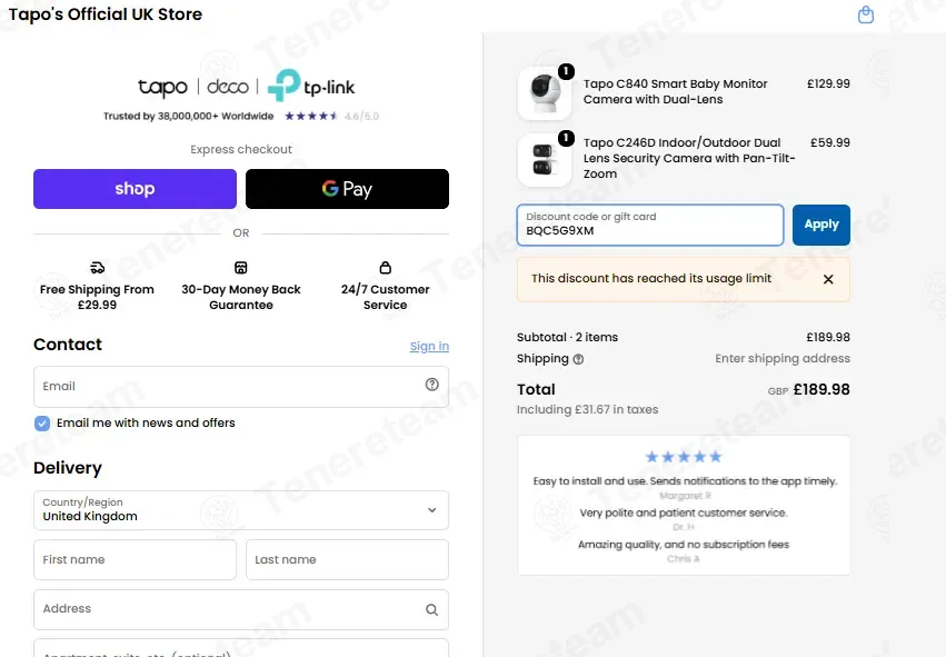 Tapo Store UK coupon code: £20 off with BQC5G9XM. Tested and valid as 1 week ago.