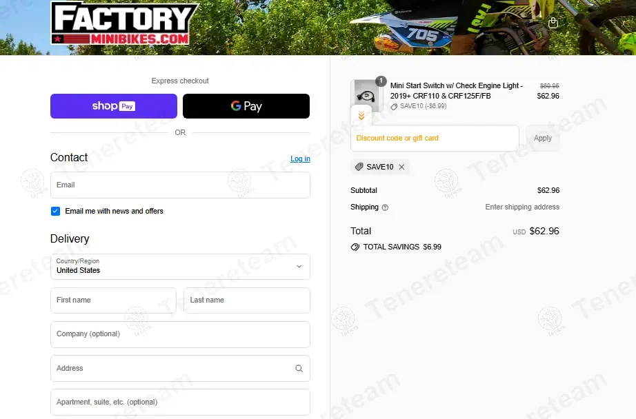 Factory Minibikes coupon code: 10% off with SAVE10. Tested and valid as 8 months ago.