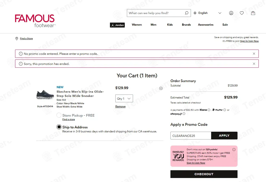 Famous Footwear CA coupon code: 25% off with CLEARANCE25. Tested and valid as 2 months ago.