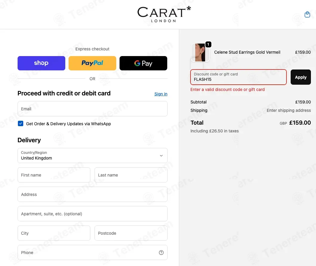 Carat London coupon code: 15% off with FLASH15. Tested and valid as 2 weeks ago.