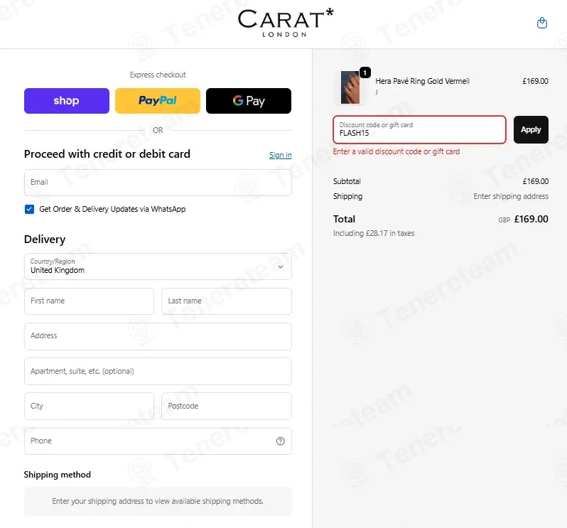 Carat London coupon code: 15% off with FLASH15. Tested and valid as 2 weeks ago.