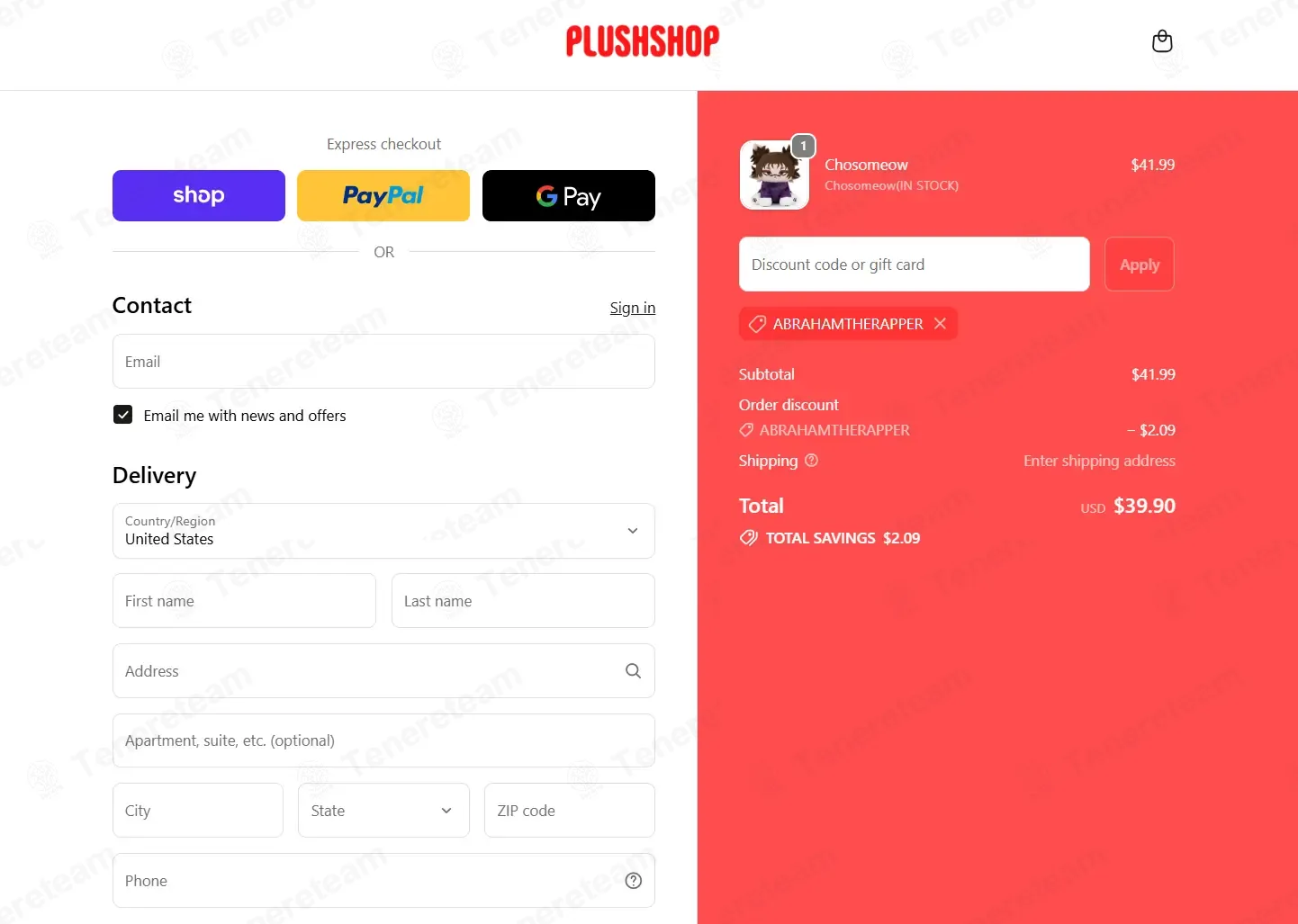 PLUSH SHOP coupon code: 5% off with ABRAHAMTHERAPPER. Tested and valid as 2 months ago.