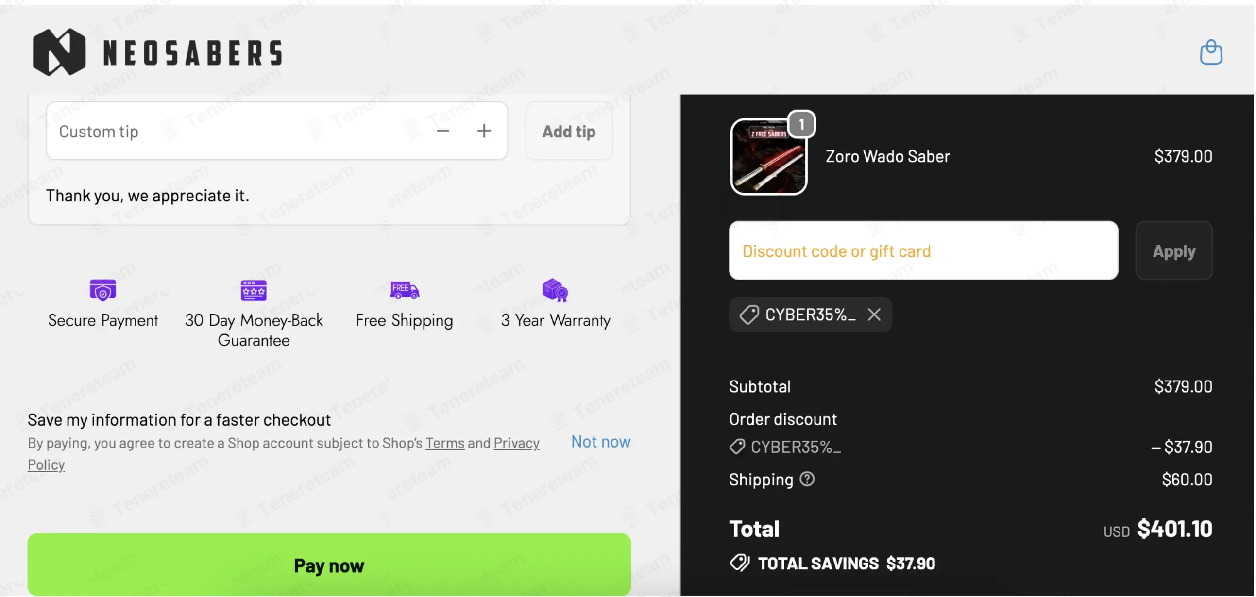 NEO Sabers coupon code: 10% off with CYBER35%_. Tested and valid as 6 days ago.