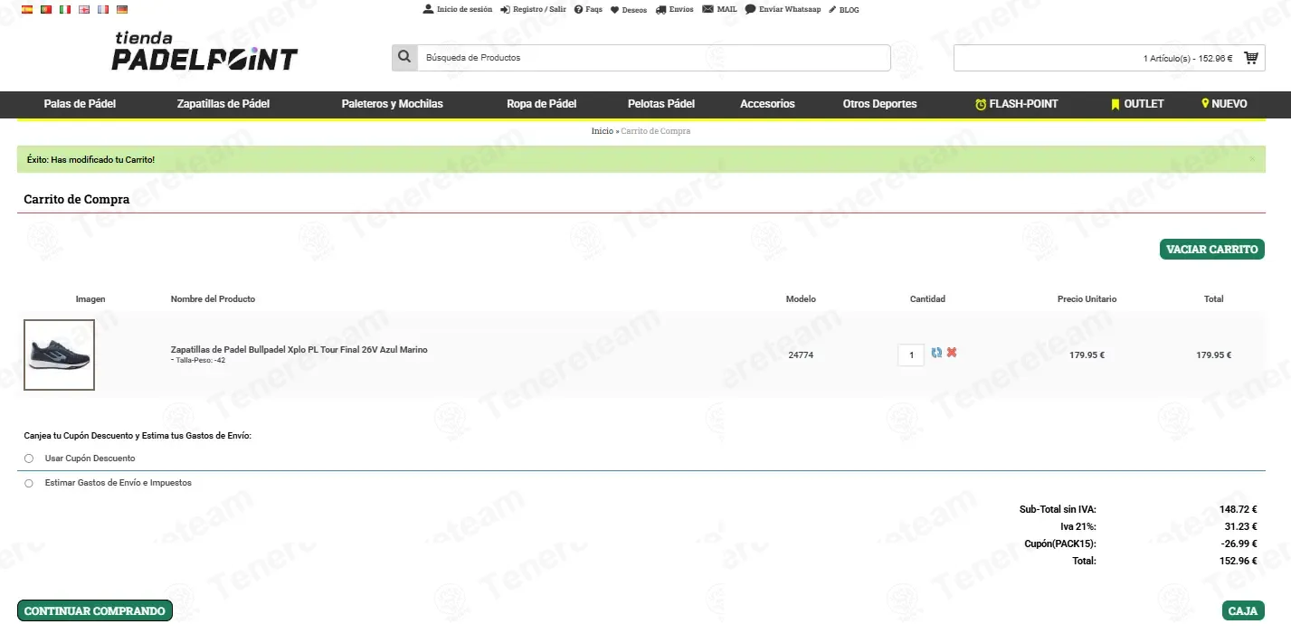 Tienda Padel Point coupon code: 15% off with PACK15. Tested and valid as 1 week ago.