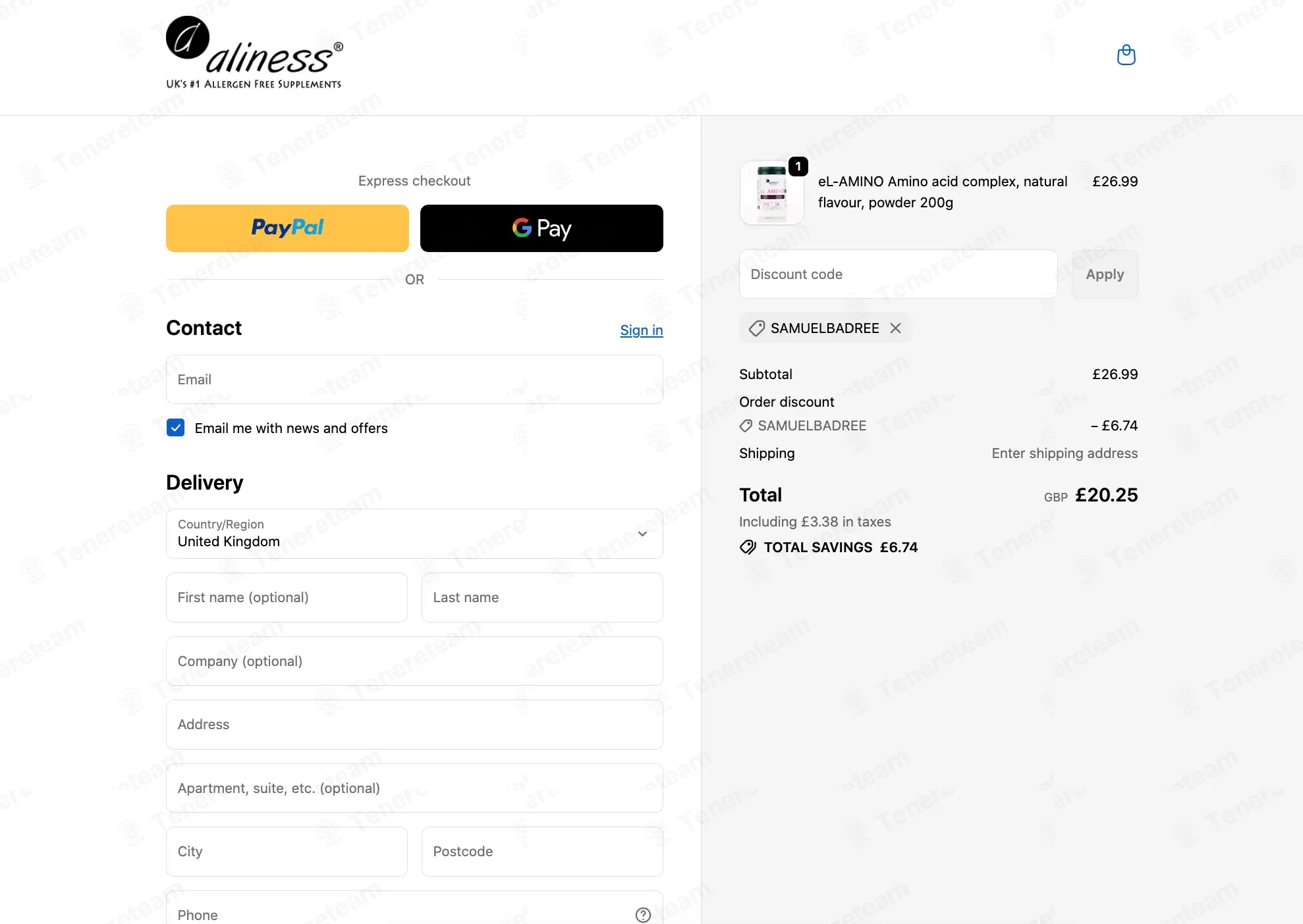 Aliness UK coupon code: 25% off with SAMUELBADREE. Tested and valid as 1 month ago.