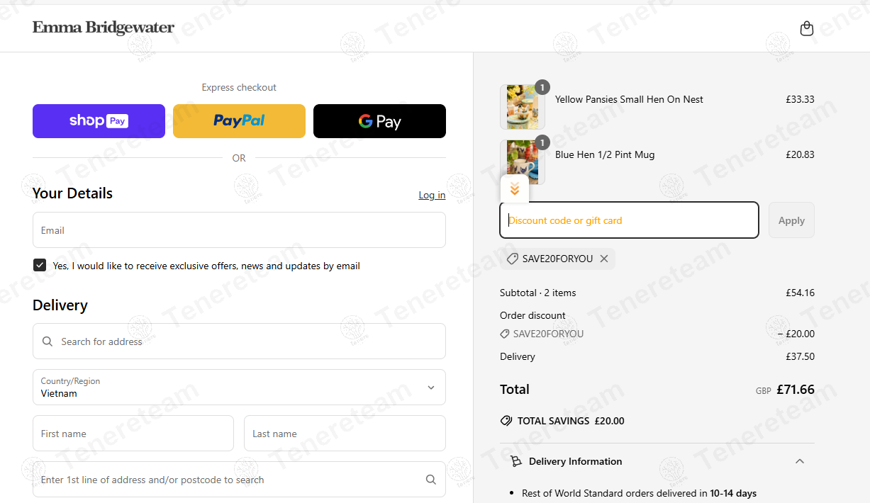 Emma Bridgewater US coupon code: £20 off with SAVE20FORYOU. Tested and valid as 1 year ago.