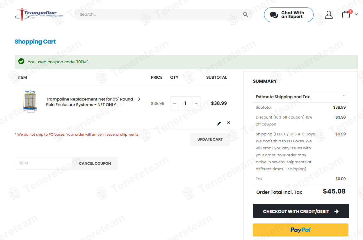 Trampoline Parts And Supply coupon code: 10% off with 10PM. Tested and valid as 1 year ago.