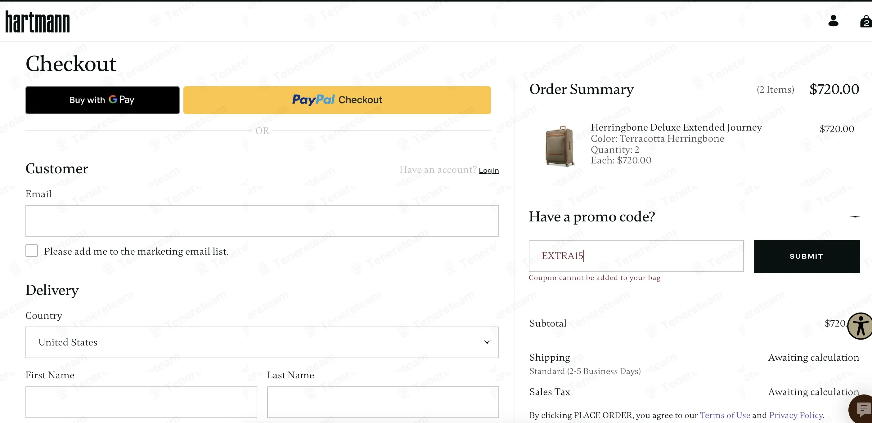 Hartmann coupon code: 15% off with SAVE15. Tested and valid as 3 weeks ago.
