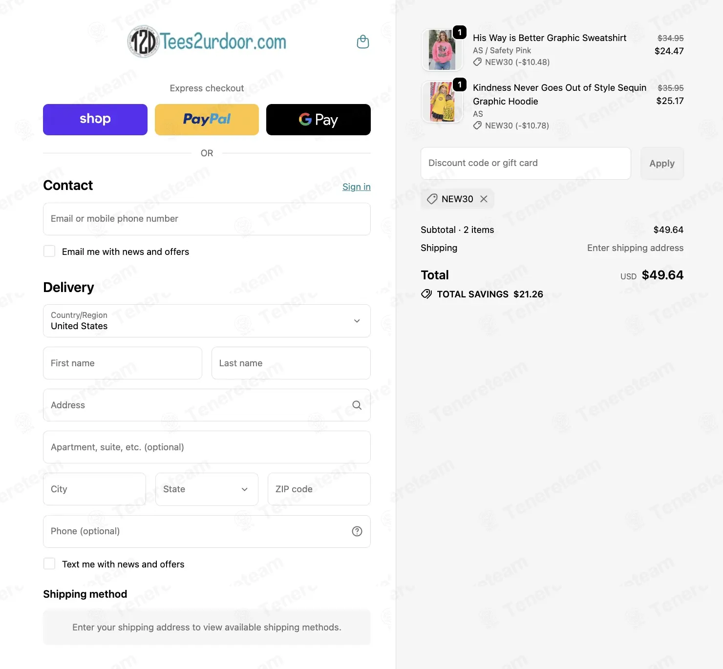 Tees 2 Ur Door coupon code: 30% off with NEW30. Tested and valid as 4 months ago.