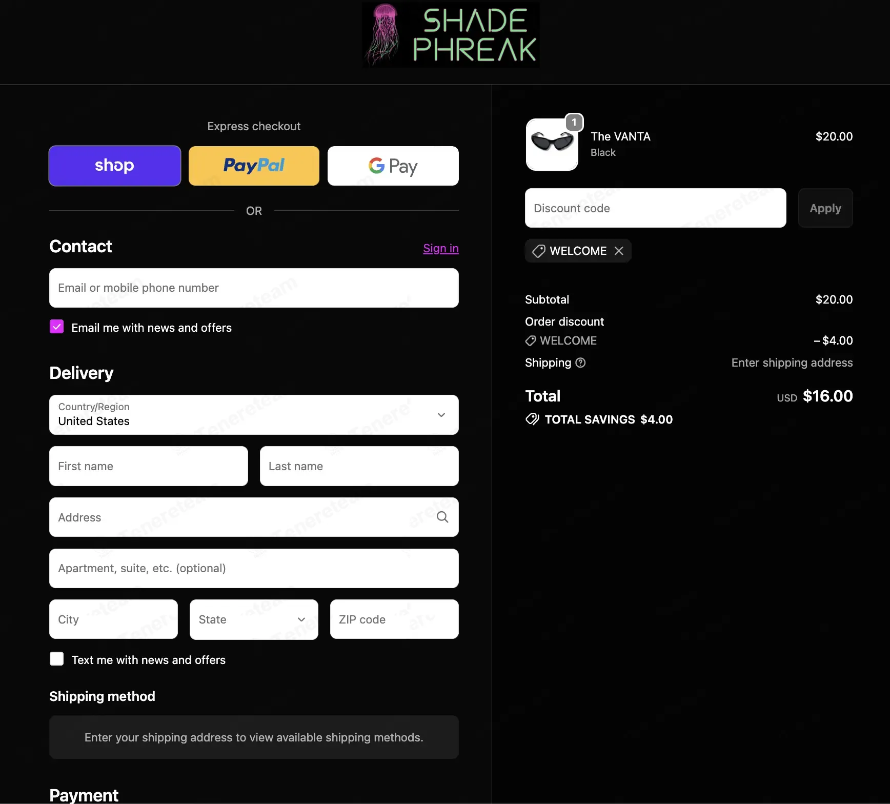 ShadePhreak coupon code: 20% off with WELCOME. Tested and valid as 3 weeks ago.